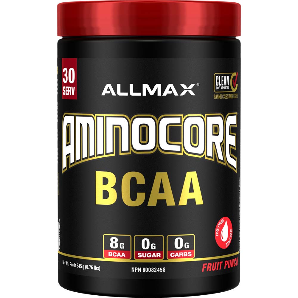 Aminocore 30 Serv by ALLMAX Nutrition in Fruit Punch Flavor and 345g Size.