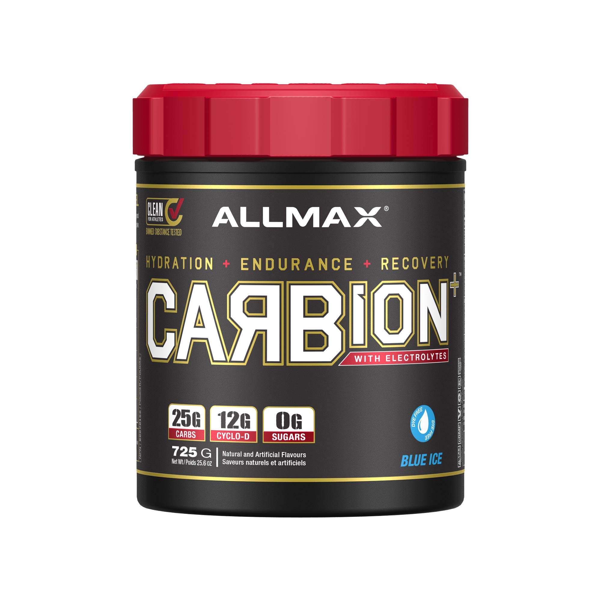 A tub of Allmax Carbion+ with electrolytes in Blue Ice flavor, featuring a black label with gold and white lettering and a bright red lid, on a plain white background.