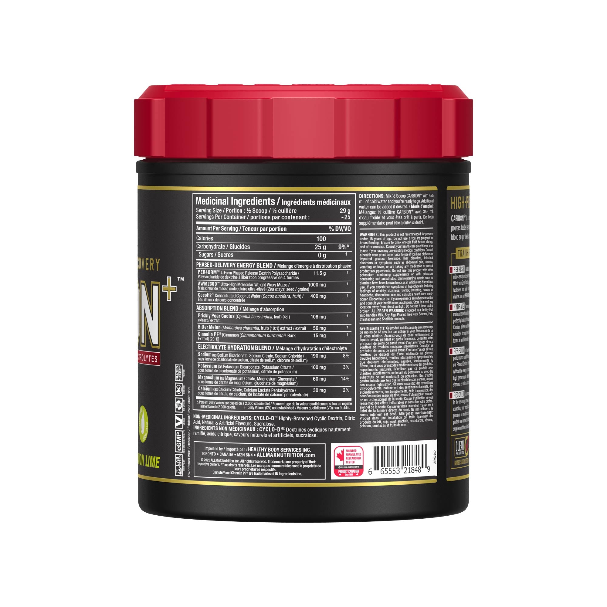 A black tub of Gains Nitro+ Whey Protein powder with a red lid, showing the back panel with nutritional information and text for Vanilla Ice flavor.
