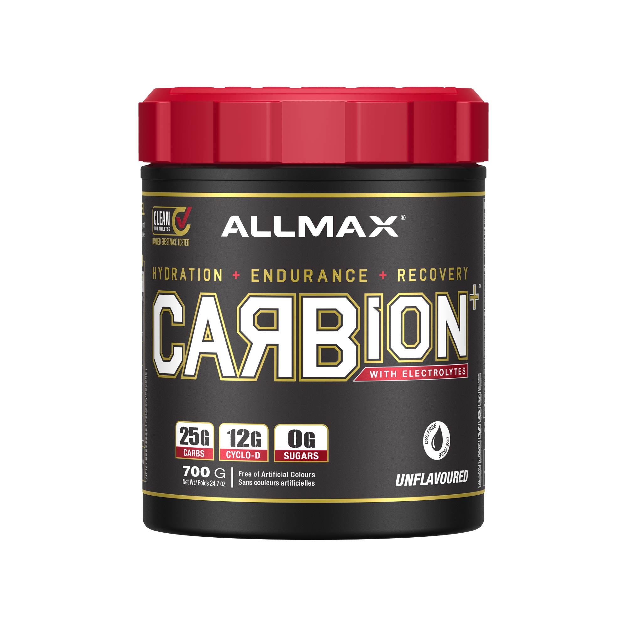 A black tub of Allmax Carbion+ unflavored carbohydrate supplement with a bright red lid, shown on a plain white background.