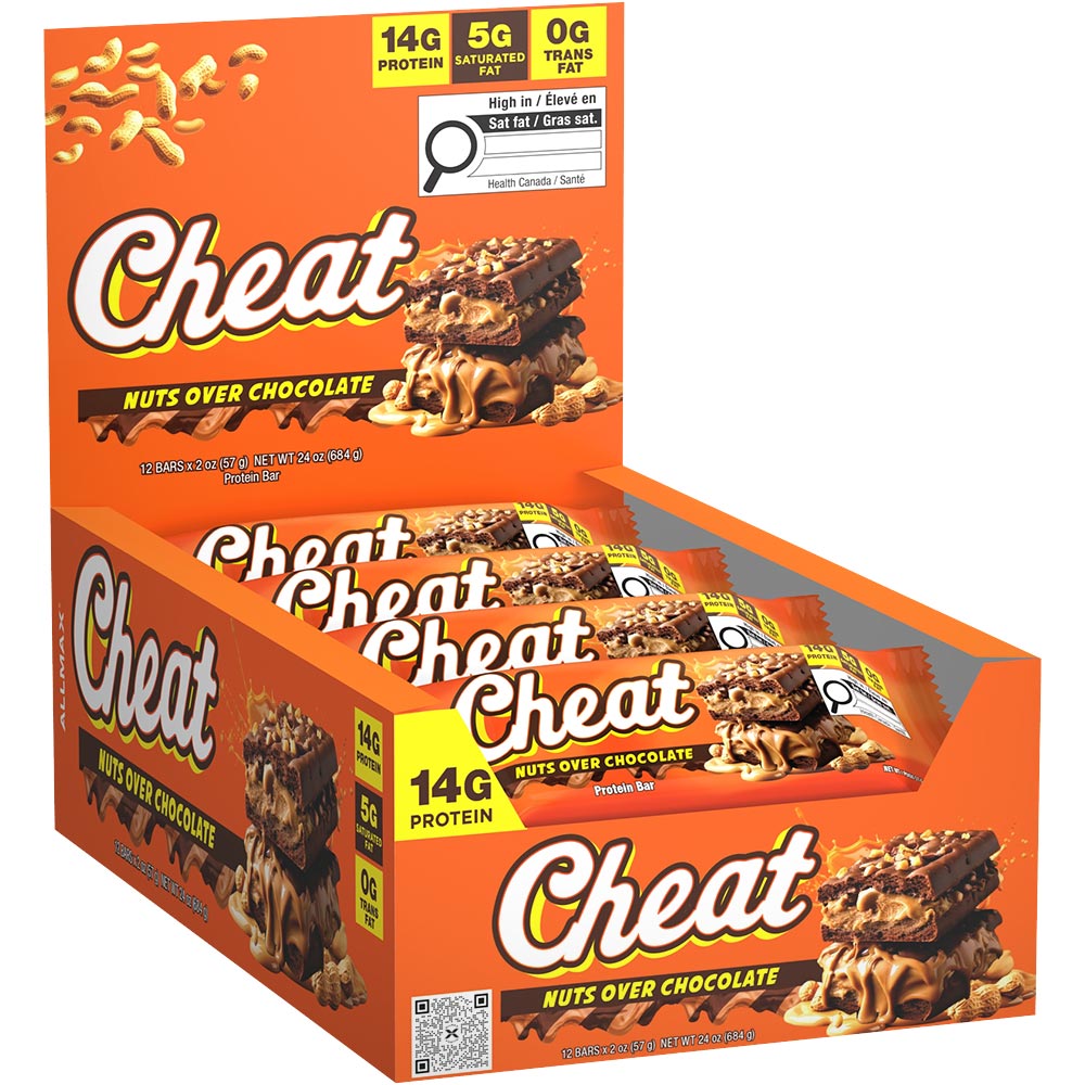 Box of Cheat Nuts Over Chocolate protein bars with an orange and brown design.