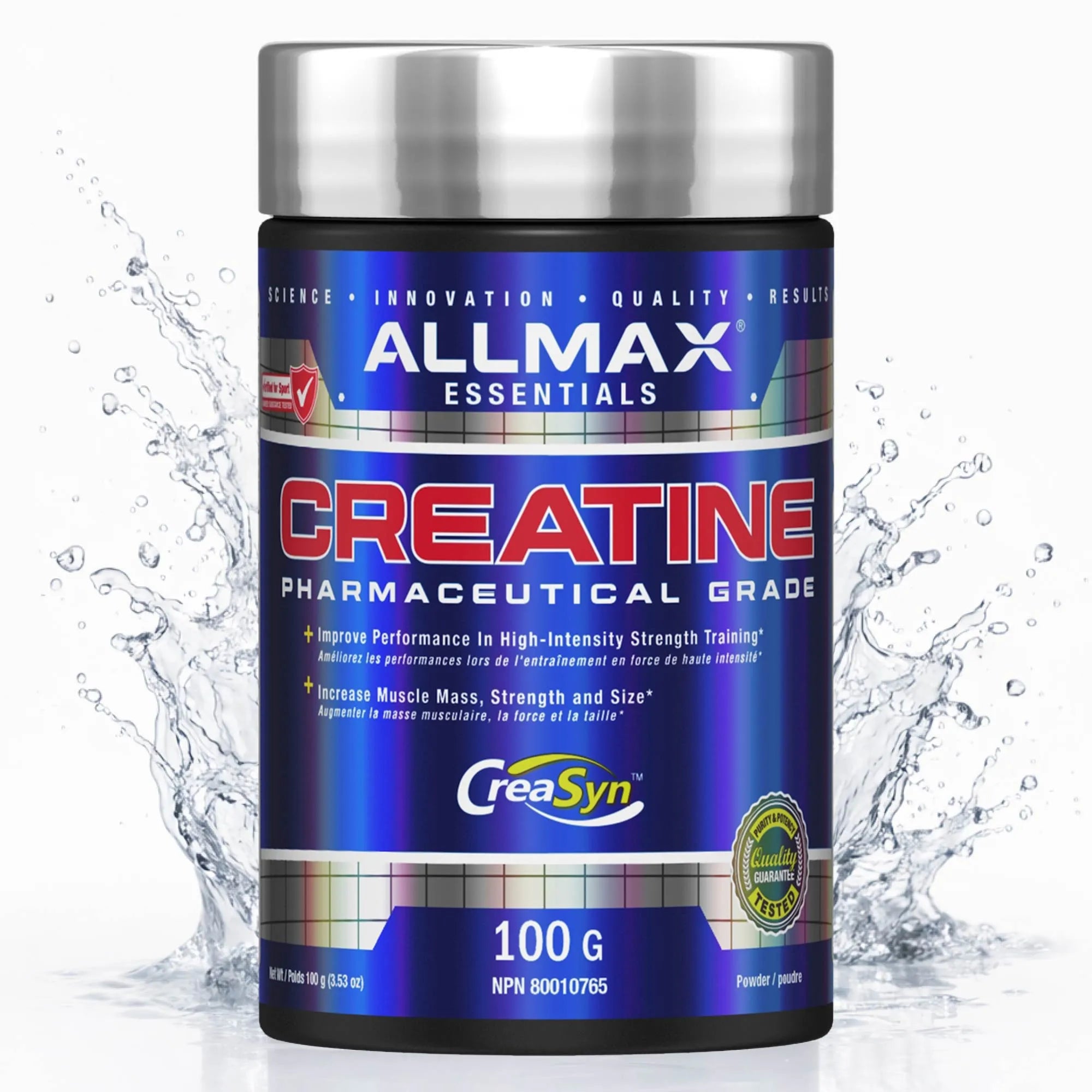 A bottle of Allmax Essentials Creatine Pharmaceutical Grade powder by Creasyn, shown against a white background with water splash graphics on the sides.