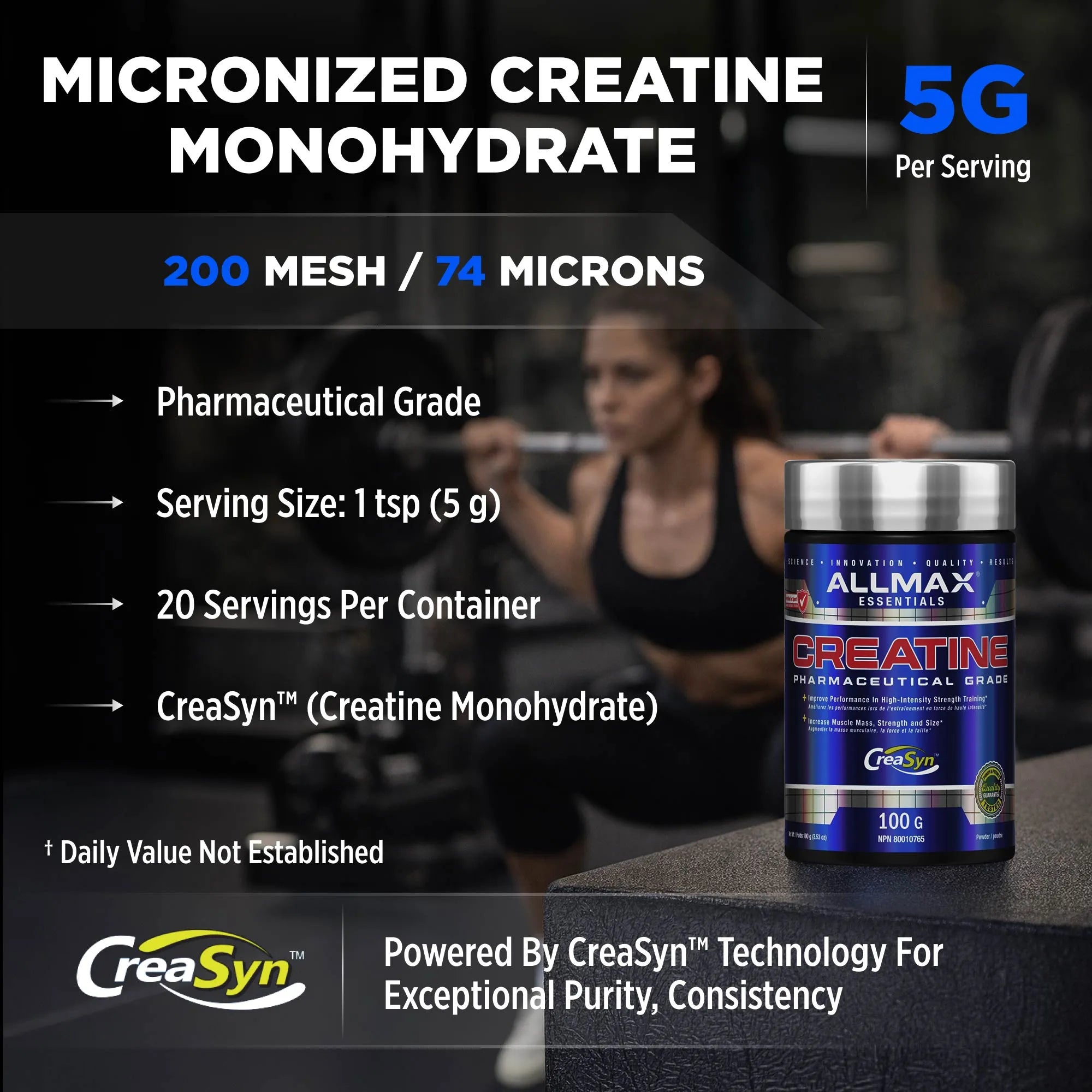 Allmax Creatine supplement with product details and a blurred person in the background
