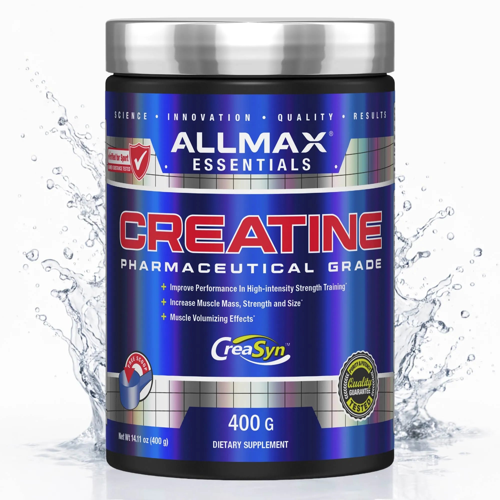 A 400g container of Allmax Essentials Creatine Pharmaceutical Grade by Creasyn, shown on a white background with water splash graphics on the sides.