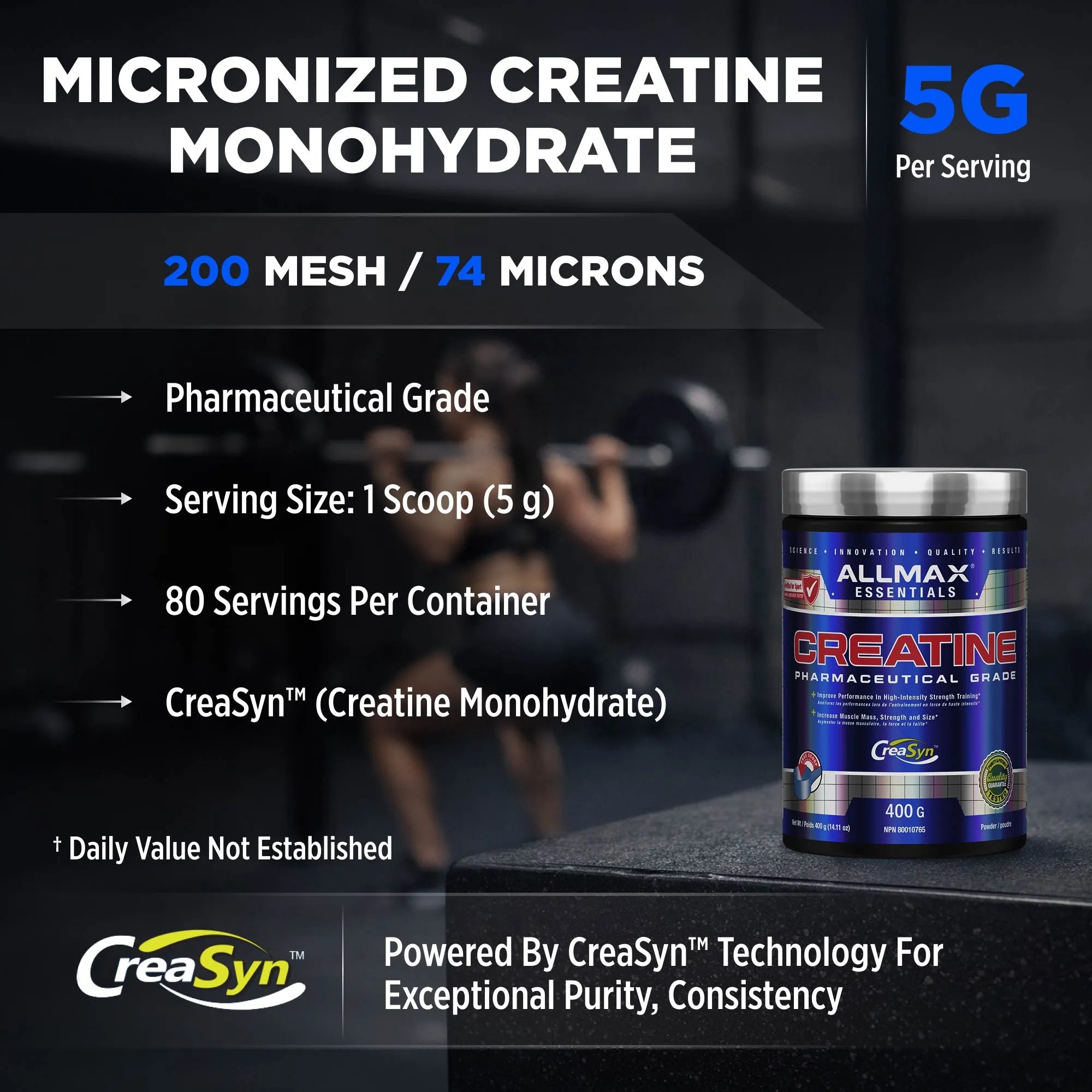 A promotional graphic for CreaSyn Allmax Essentials Creatine Monohydrate. The right side shows a blue and silver tub of creatine on a dark surface with a blurred gym background.