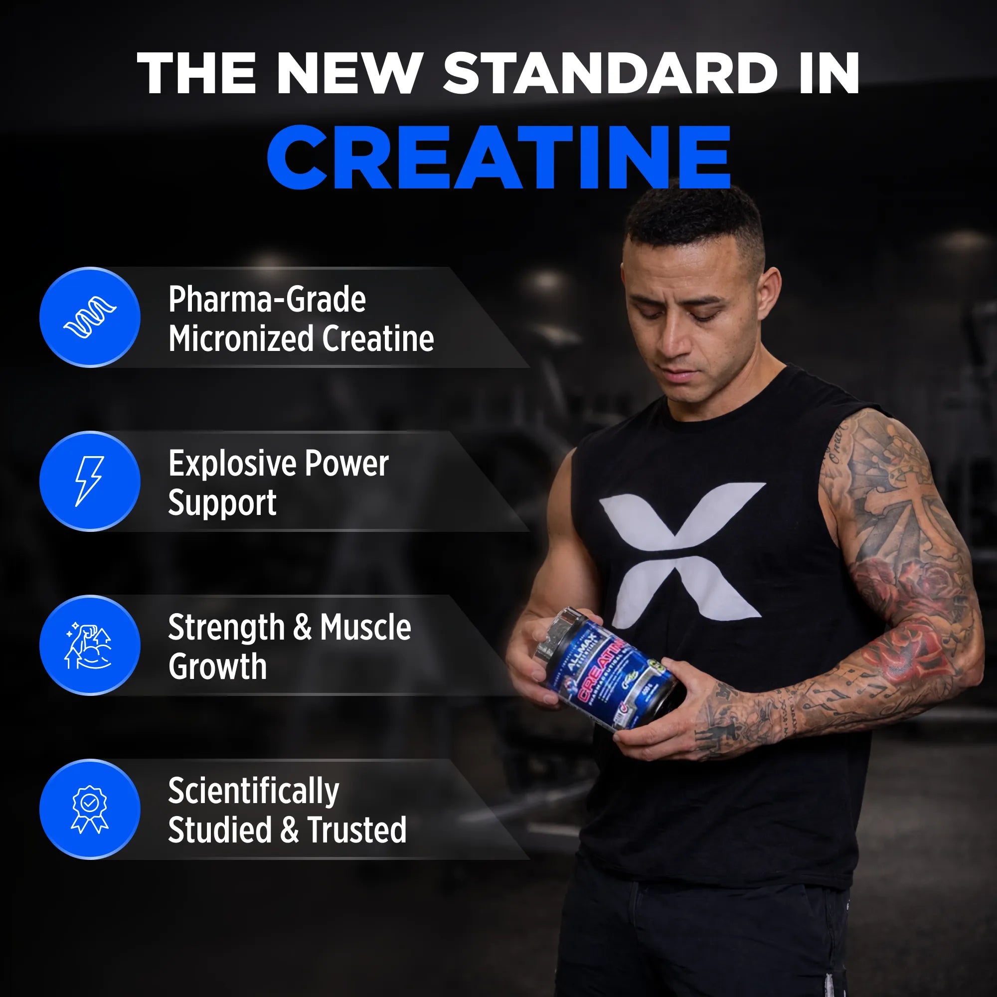 Man holding a creatine supplement with text about the new standard in creatine.