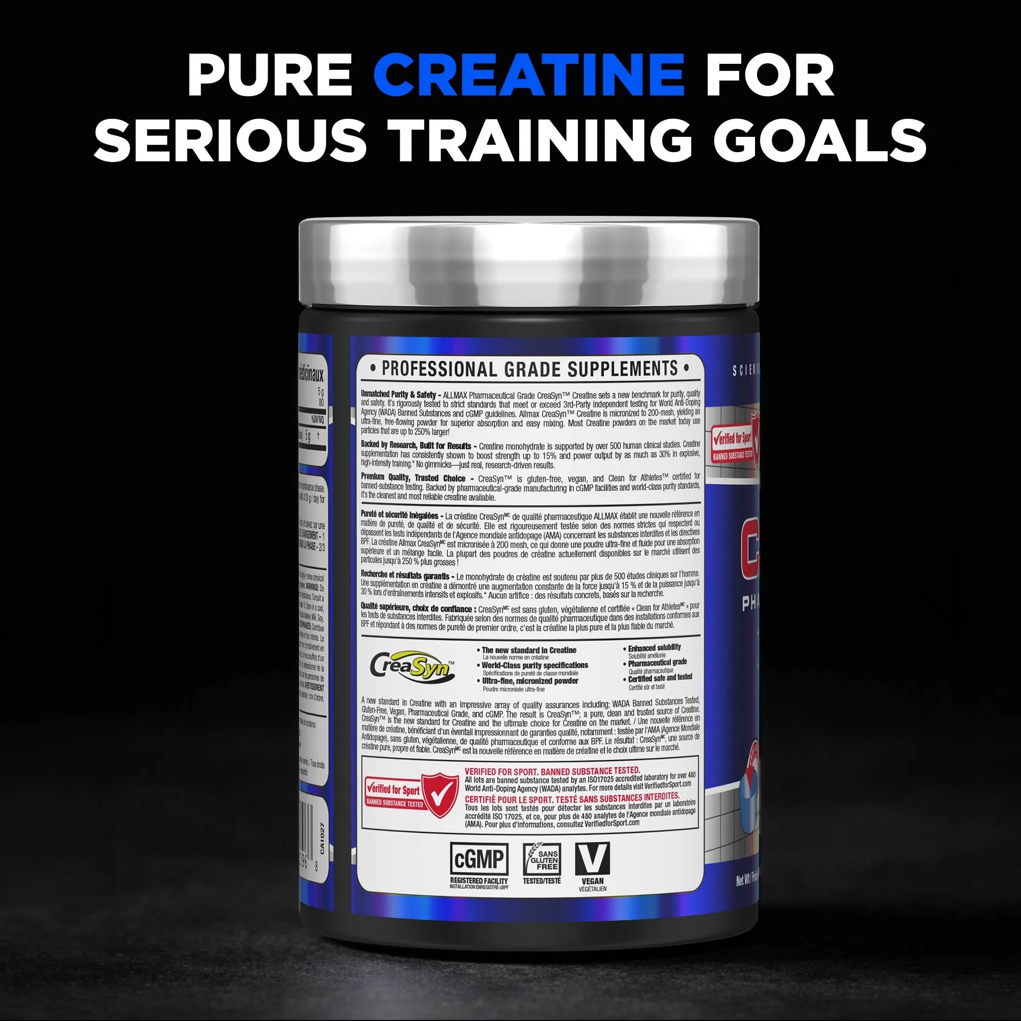 A supplement tub shown from the back with a metallic silver lid and a blue label, set against a black background with the text 'PURE CREATINE FOR SERIOUS TRAINING GOALS' at the top.