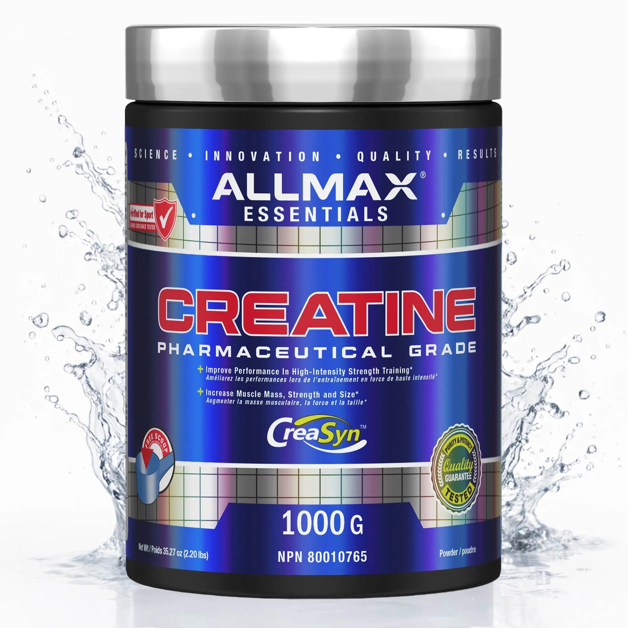 Allmax Essentials Creatine supplement container with water splash background