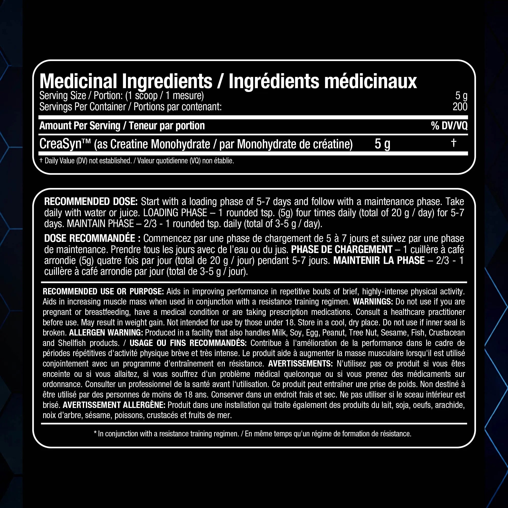 A product label panel showing the 'Medicinal Ingredients / Éléments pharmaceutiques' section for CresSyn, with French text detailing recommended dosage, usage, and warnings on a white background.