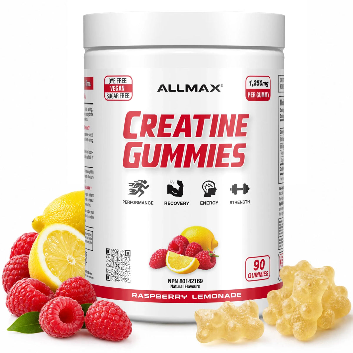A white tub of ALLMAX Creatine Gummies, Raspberry Lemonade flavor, surrounded by fresh raspberries, lemons, and several translucent yellow gummy bears on a white background.