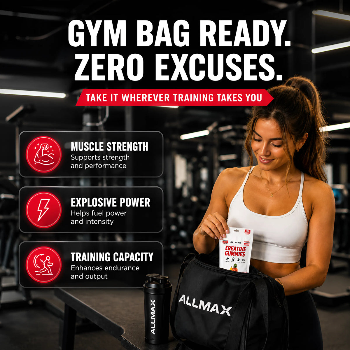 A woman in a gym holds a black Allmax gym bag while looking into its contents. The bag has the brand name 'ALLMAX' printed in white on the front.