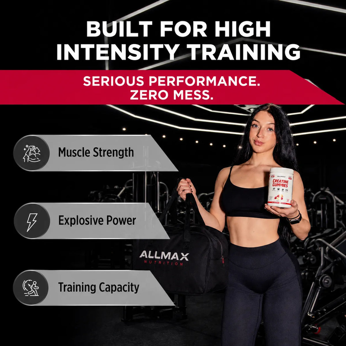 A woman in a black sports bra and leggings stands in a gym holding a black duffel bag and a white tub of Allmax protein powder. The image features promotional text overlays highlighting key benefits: Muscle Strength, Explosive Power, and Training Capacity.