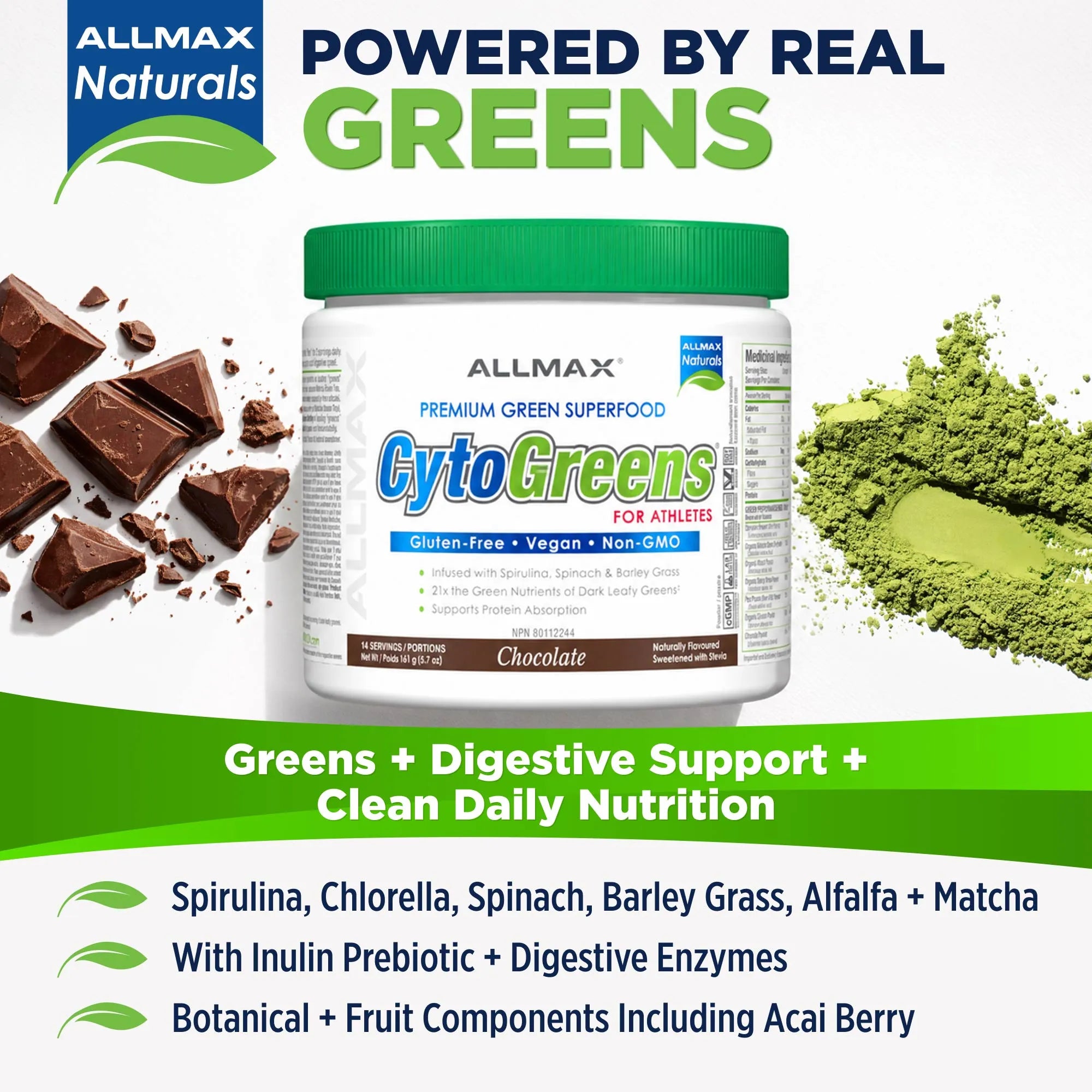 A jar of Allmax Naturals CytoGreens green superfood powder on a white background, flanked by chocolate pieces on the left and green powder on the right. The image includes marketing text highlighting greens and digestive support.