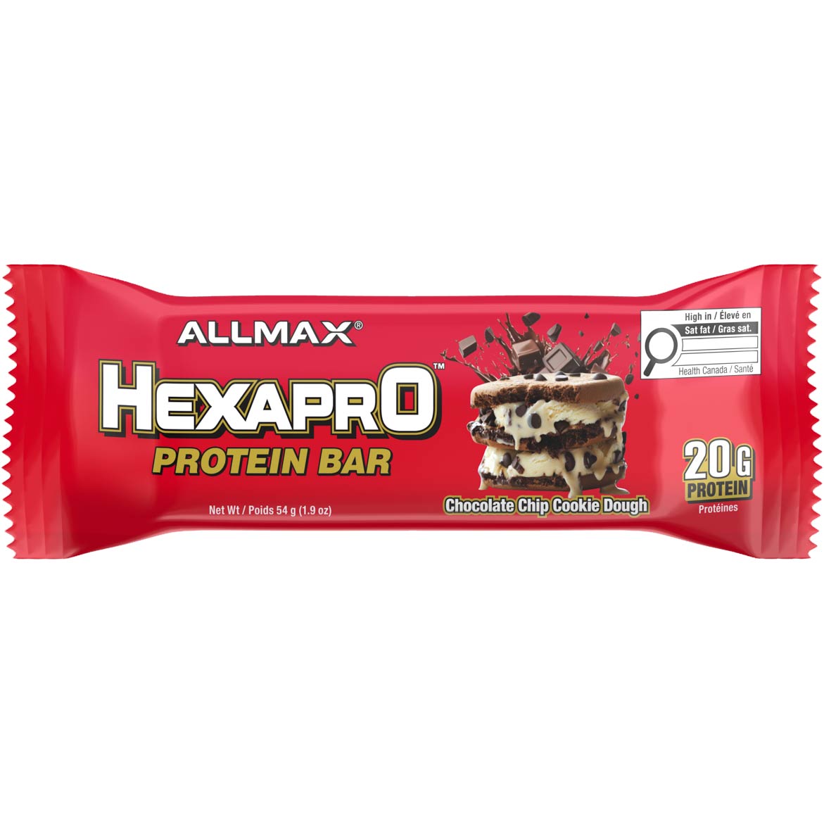 Allmax Hexapro Protein Bar packaging with red background