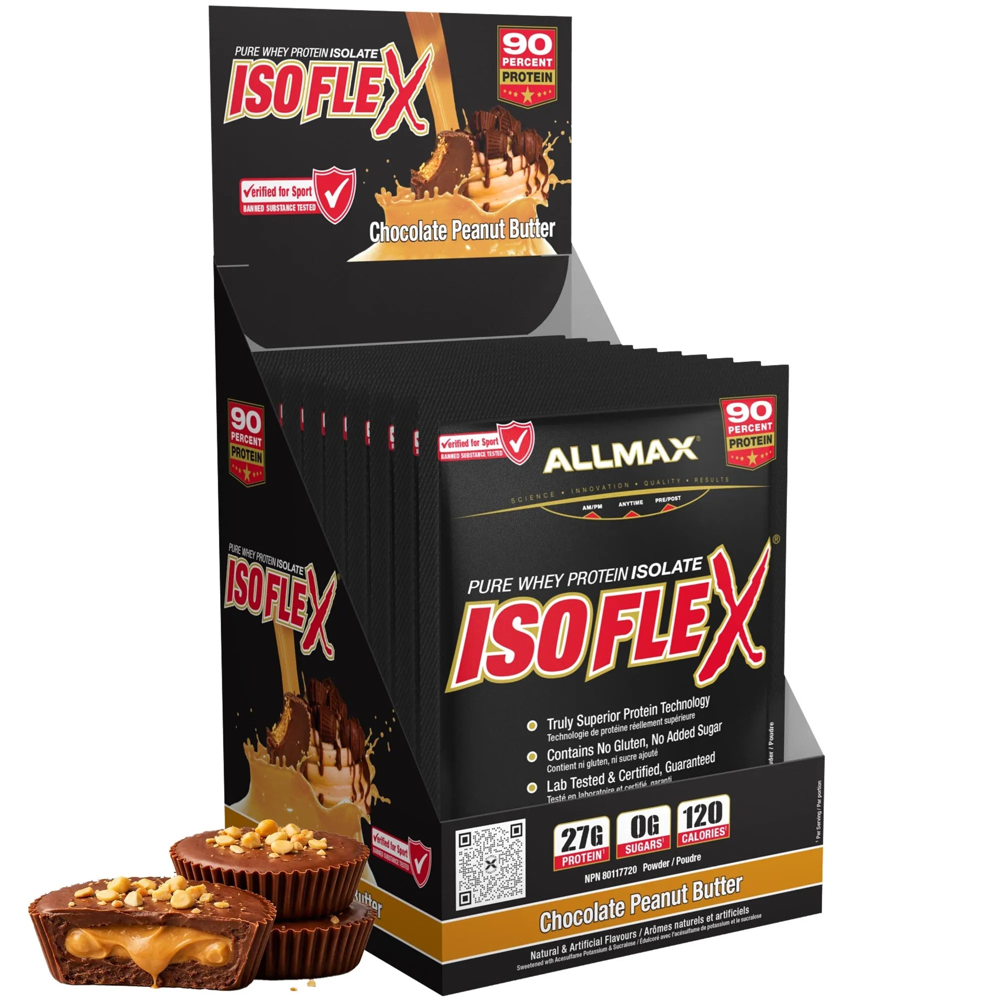 A display box of Allmax Isoflex Chocolate Peanut Butter protein powder shakes, shown with two chocolate peanut butter protein bars in the foreground on a white background.