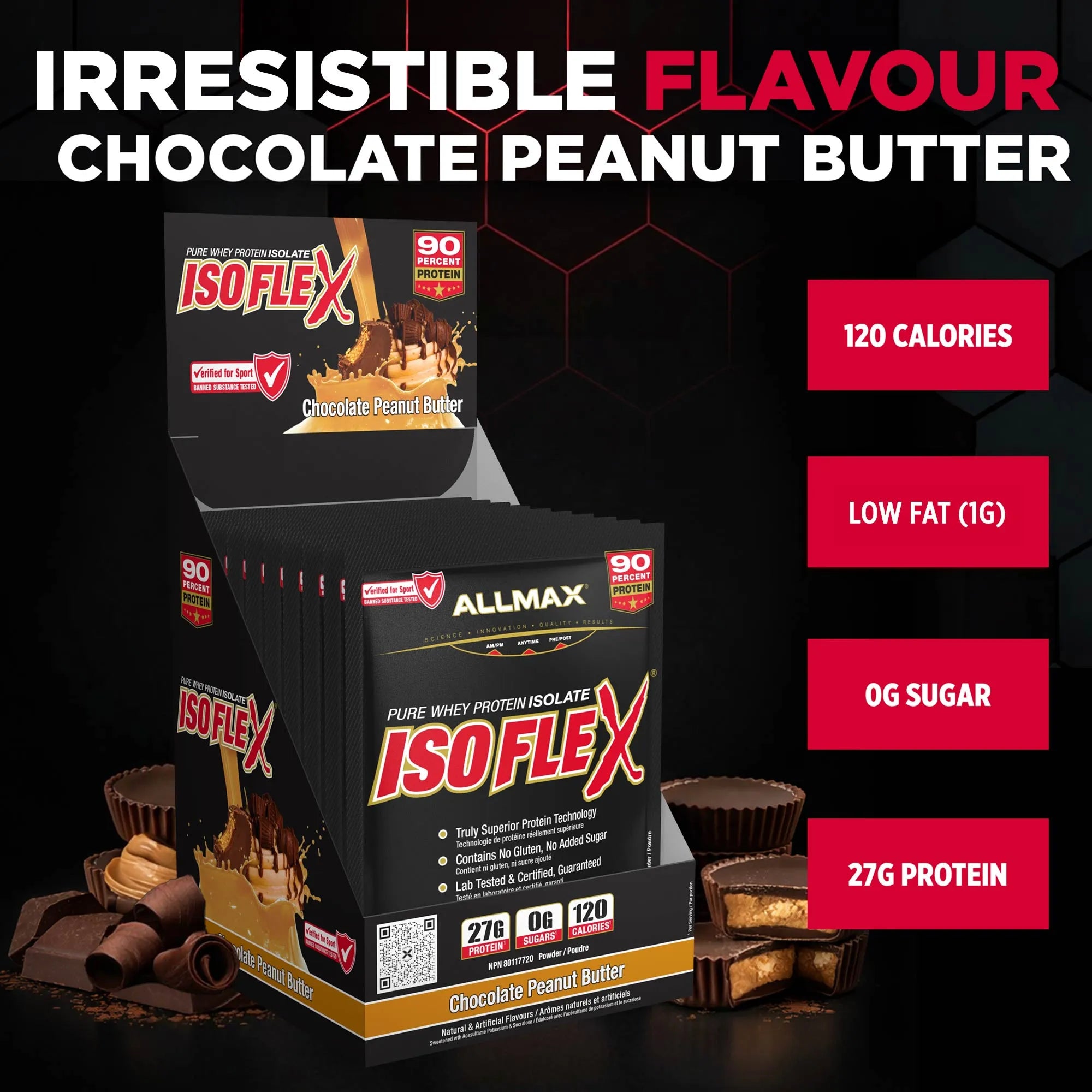 A box of ISOFLEX Allmax Pure Whey Protein Isolate in Chocolate Peanut Butter flavor, displayed with chocolate peanut butter cups and swirls on a dark background with promotional text highlighting nutritional benefits.
