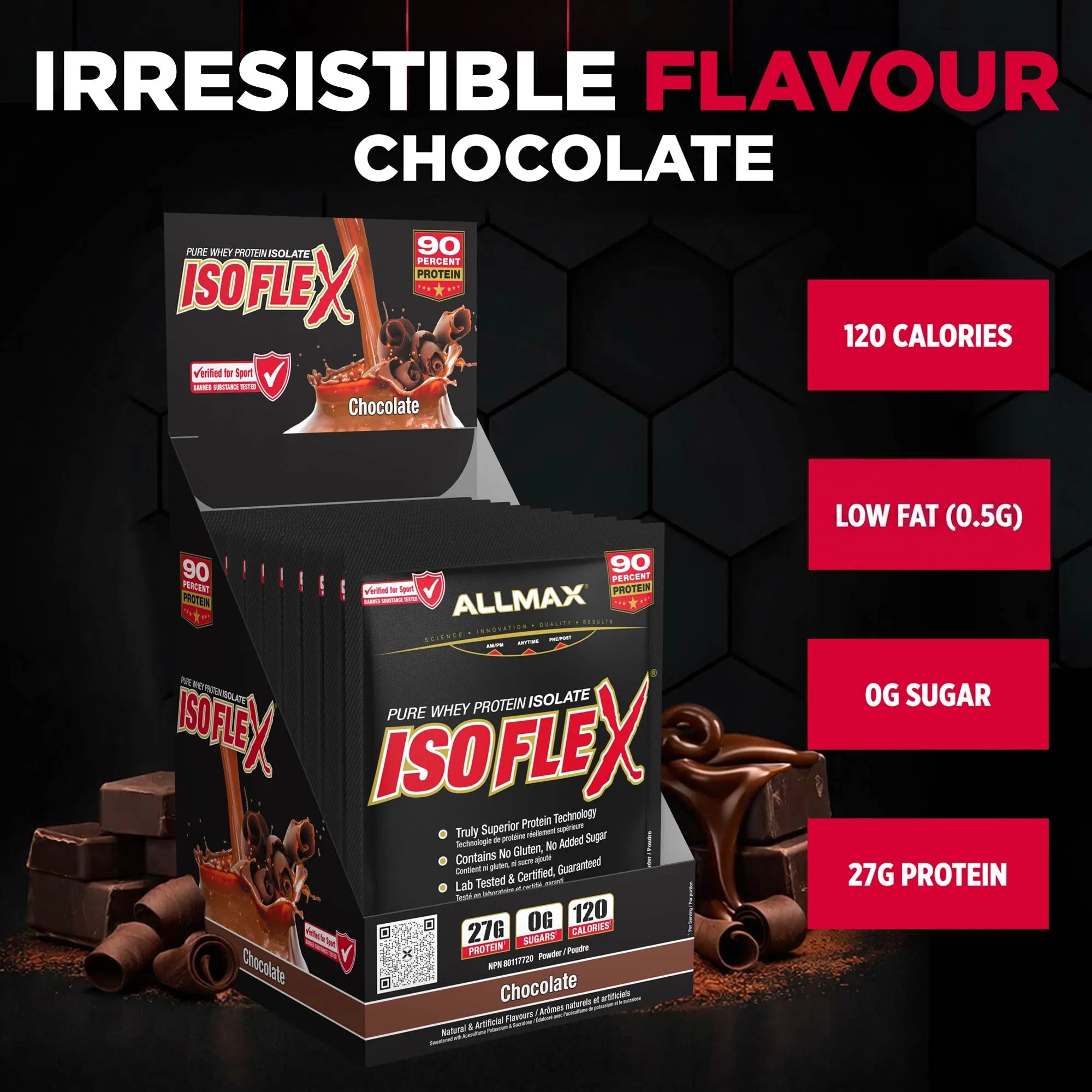 A box of IsoFlex Allmax chocolate-flavored protein powder shown on a dark hexagonal background with chocolate pieces around it. Large text reads 'IRRESISTIBLE FLAVOUR CHOCOLATE' and feature callouts on the right say 120 calories, low fat 0.