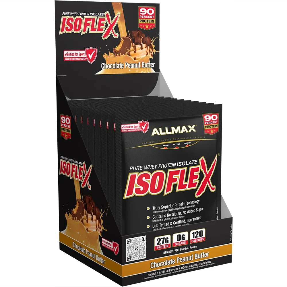 A display box of Allmax Isoflex Chocolate Peanut Butter protein powder, showing multiple individual sachets inside. The packaging is primarily black with bold red and white branding and a chocolate splash graphic.