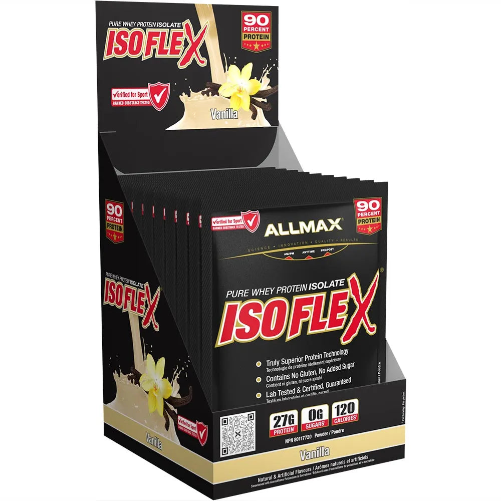 A display box of Allmax Isoflex Vanilla flavor pure whey protein isolate, showing multiple black individual sachet packs inside a branded retail display.