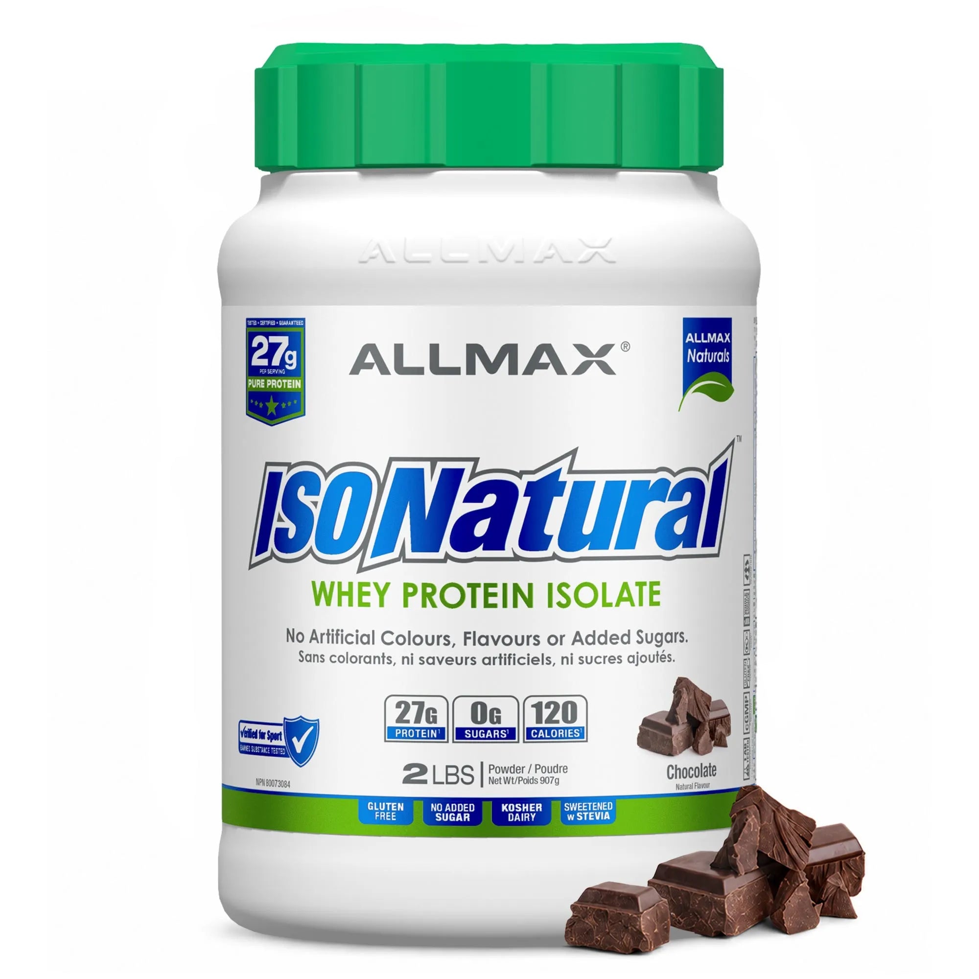A white tub of Allmax IsoNatural Whey Protein Isolate in Chocolate flavor, featuring a green cap and dark chocolate chunks in the foreground, set against a plain white background.