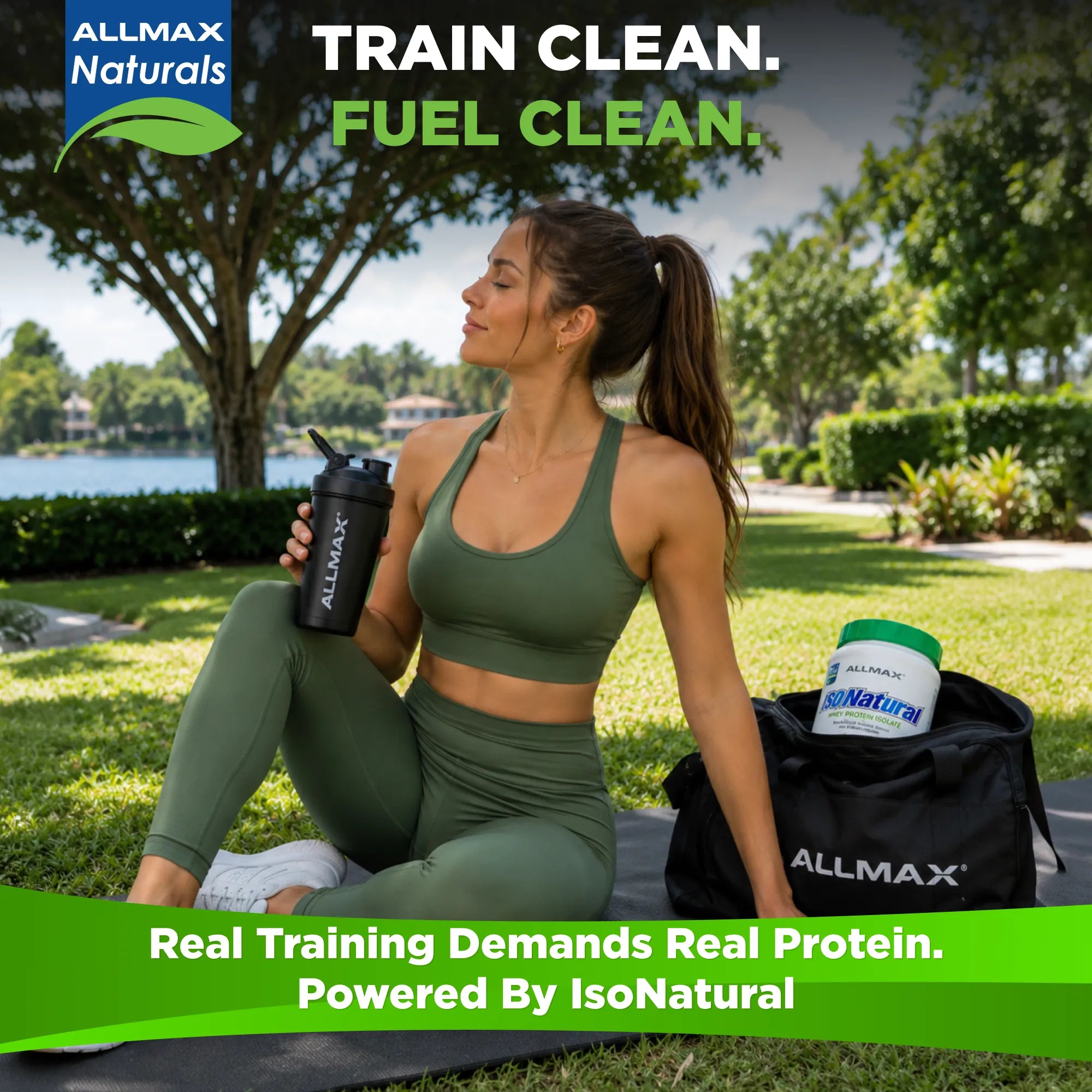 A woman in an olive green sports bra and leggings sits on a mat in a park setting, holding a black Allmax Naturals tumbler. A black Allmax training bag with a container of IsoNatural protein powder sits beside her.