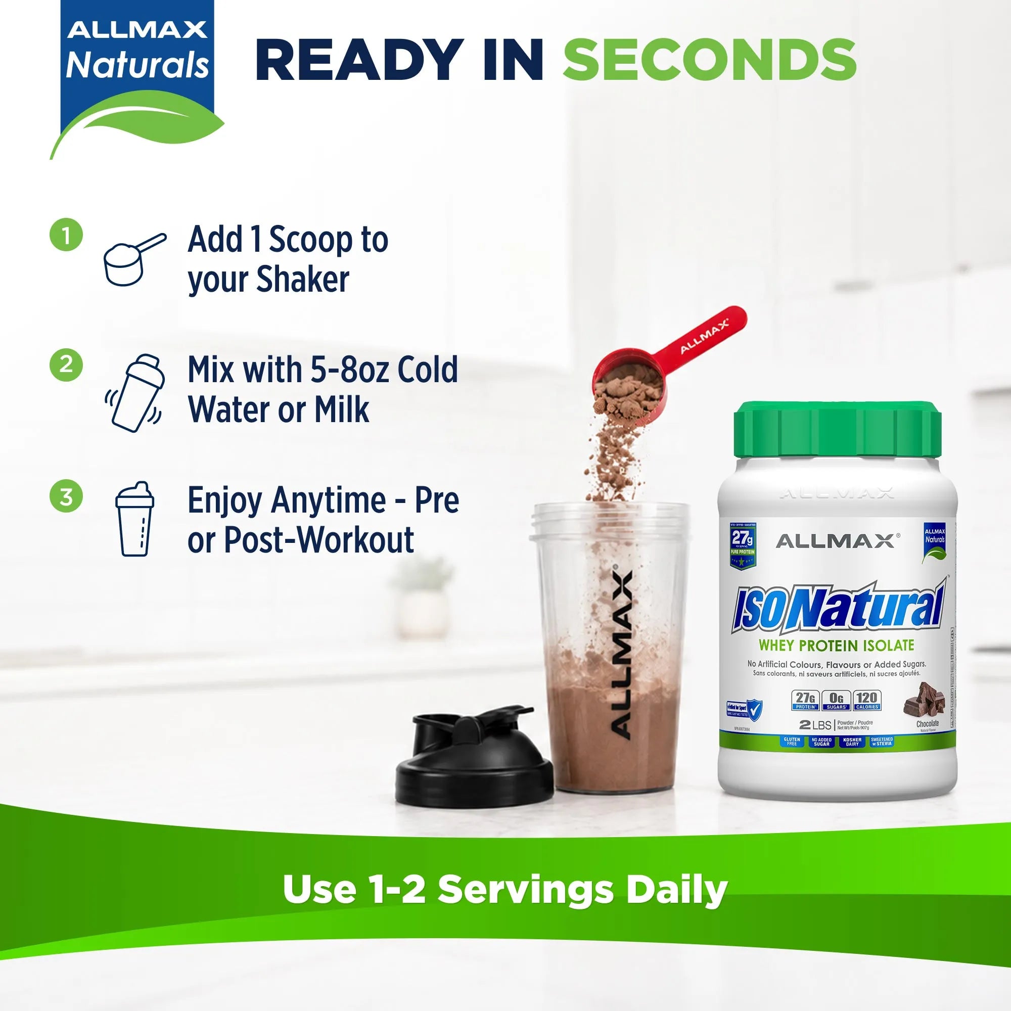 Allmax Naturals IsoNatural Whey Protein Isolate tub shown next to a clear shaker cup with brown powder being poured into it, with instructional text and serving guidance on a bright kitchen-like background.