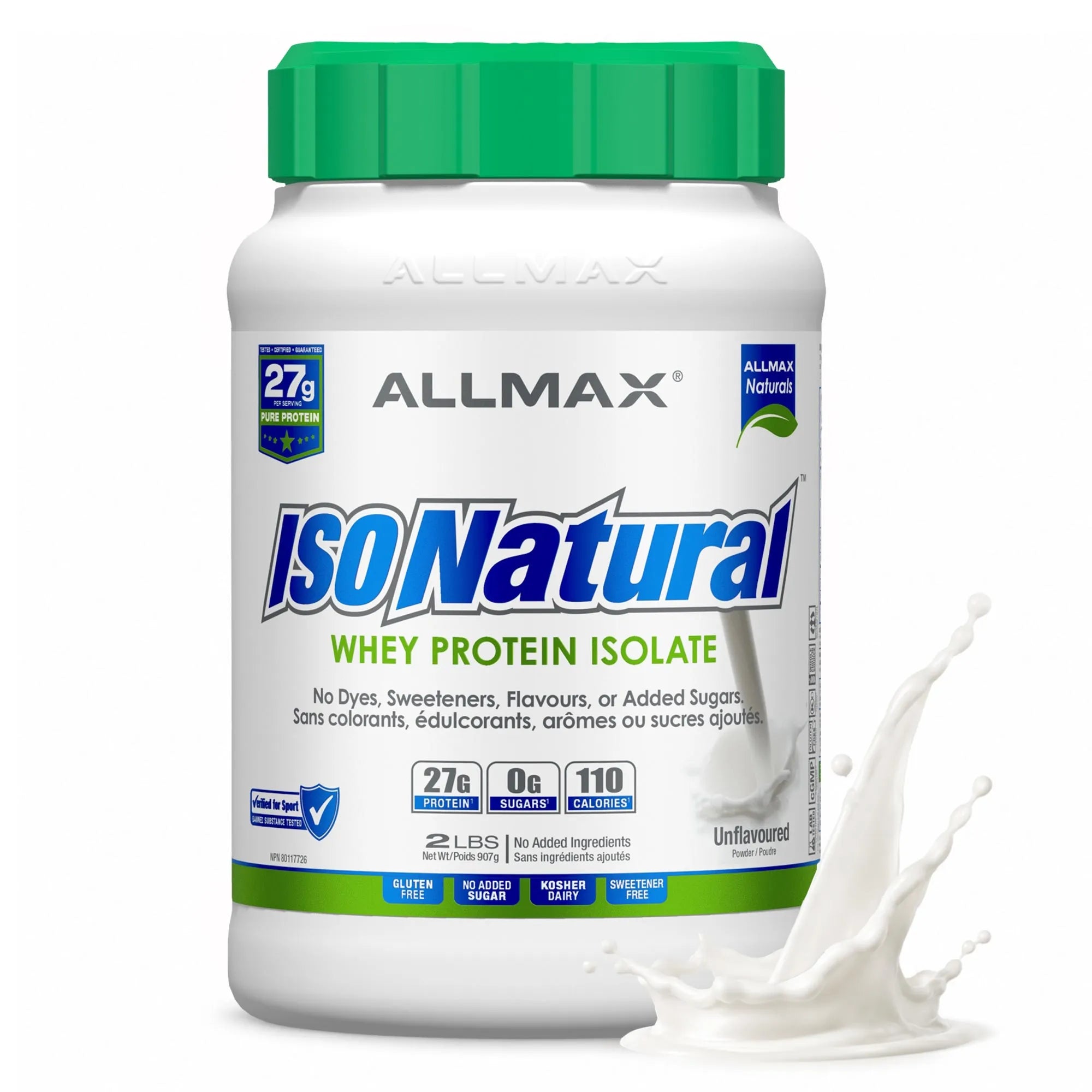 A white plastic tub of Allmax IsoNatural Whey Protein Isolate with a green cap, shown on a white background with a milk splash graphic at the bottom right.