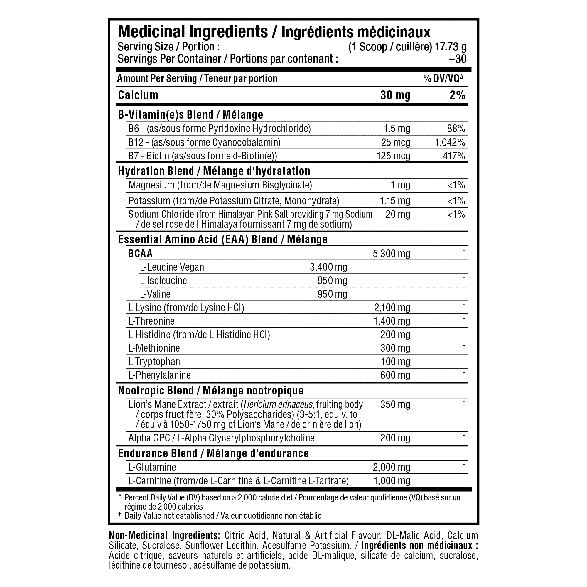 A nutrition facts label in French and English for a powdered supplement blend, showing serving size, calories, and a detailed list of ingredients including BCAA, B-Vitamins, Hydration Blend, and Nootropic Blend.
