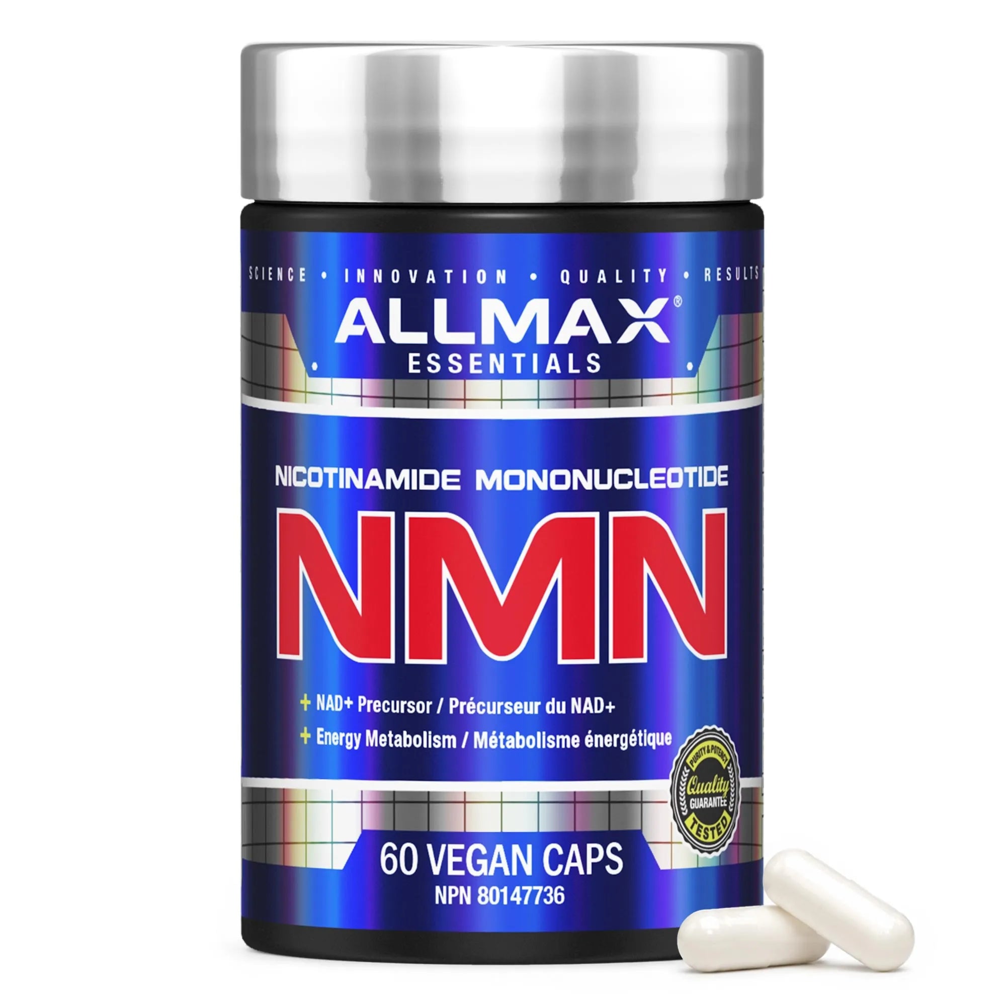 A bottle of Allmax Essentials NMN (Nicotinamide Mononucleotide) dietary supplement with two white capsules in the foreground, set against a plain white background.