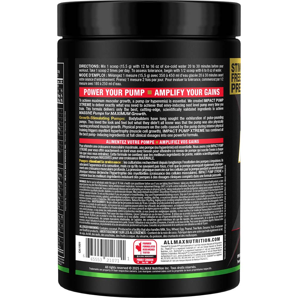 Impact Pump Xtreme by ALLMAX Nutrition in Sour Gummy Flavor and 465g Size.