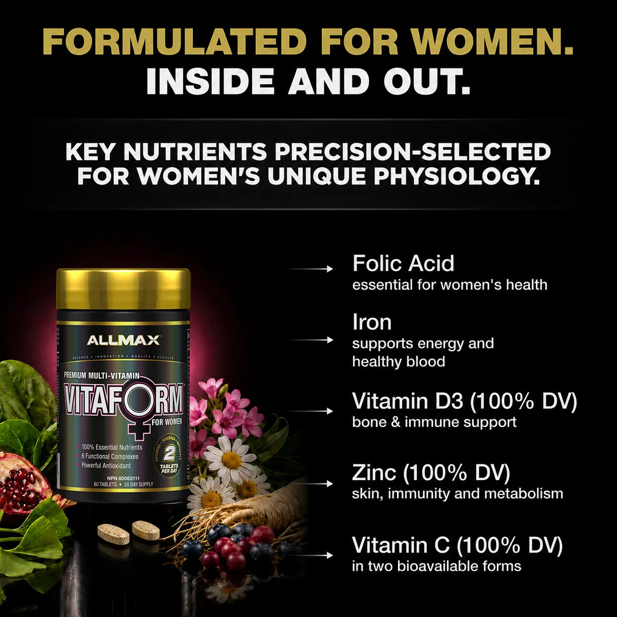 Allmax Vitaform women's multivitamin supplement bottle shown on a black promotional background with text highlighting key nutrients: folic acid, iron, vitamin D3, zinc, and vitamin C. The bottle has a gold cap and black label with white and gold lettering, surrounded by flowers, berries, and capsules.