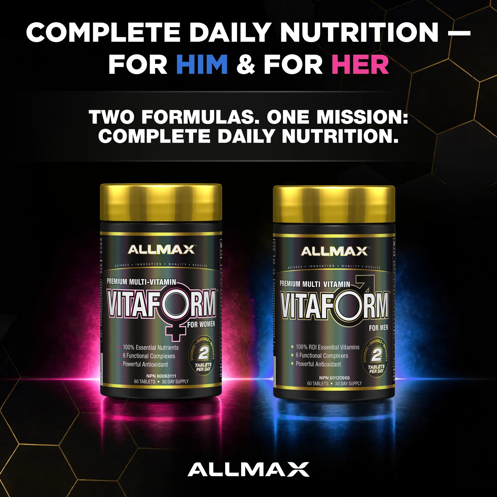 Two bottles of ALLMAX VITAFORM dietary supplement for men, displayed side by side on a dark background with glowing pink and blue light effects. The image includes promotional text at the top and the ALLMAX brand name at the bottom.