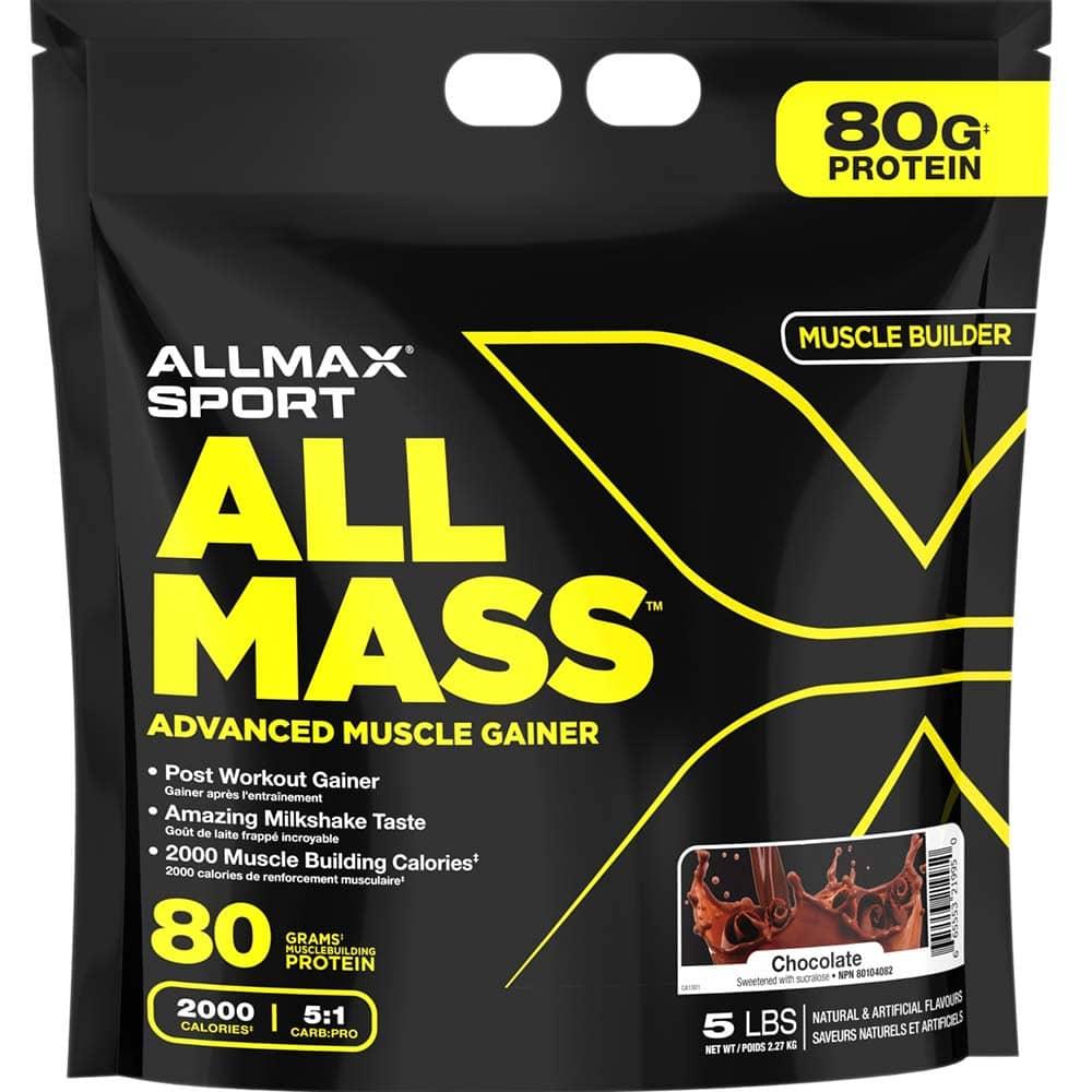 AllMass: Advanced Muscle Gainer by ALLMAX Nutrition in Chocolate Flavor and 5lb Size.