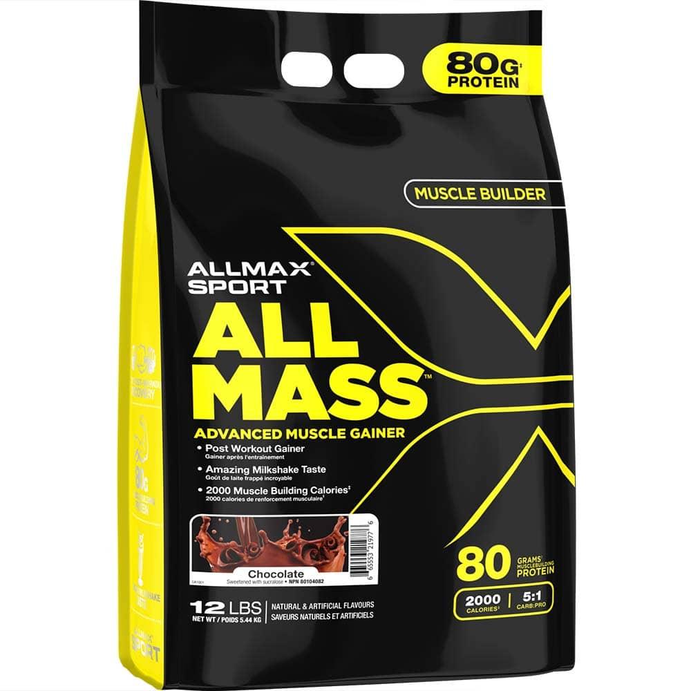 AllMass: Advanced Muscle Gainer by ALLMAX Nutrition in Chocolate Flavor and 12lb Size.