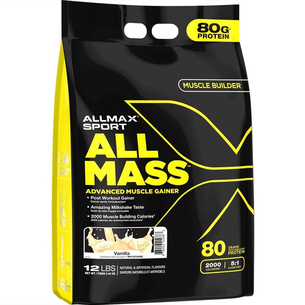 AllMass: Advanced Muscle Gainer by ALLMAX Nutrition in Vanilla Flavor and 12lb Size.