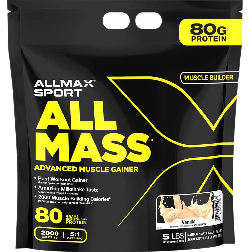AllMass: Advanced Muscle Gainer by ALLMAX Nutrition in Vanilla Flavor and 5lb Size.