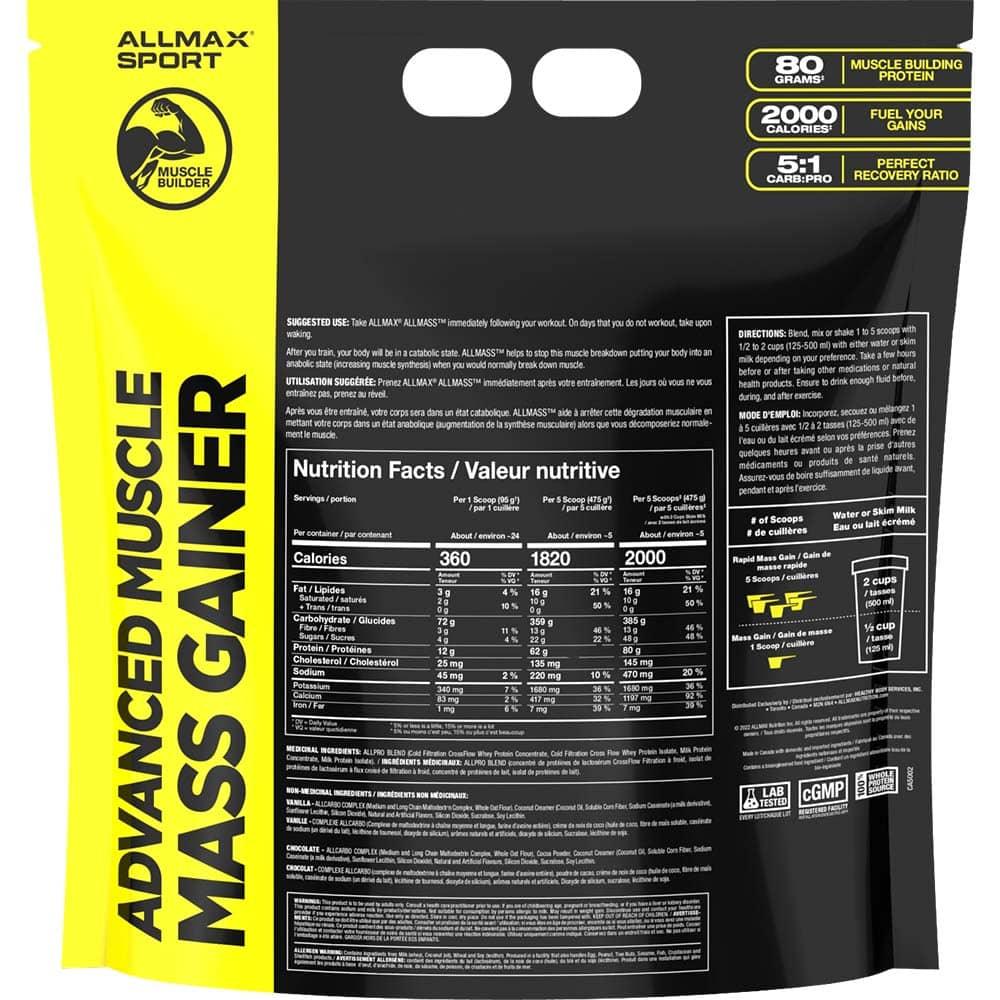 AllMass: Advanced Muscle Gainer by ALLMAX Nutrition in Chocolate Flavor and 5lb Size. SFP