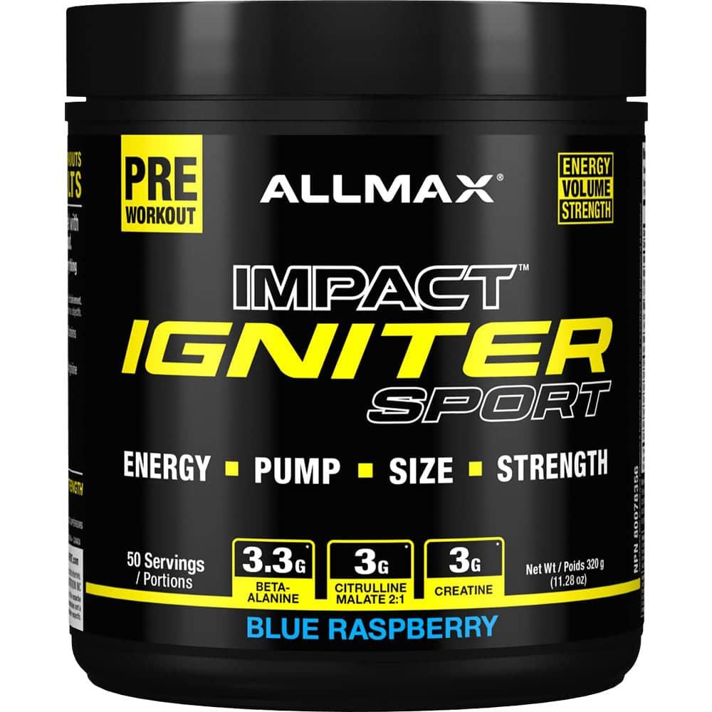 Impact Igniter Sport by ALLMAX Nutrition in Blue Rasp Flavour and 320g Size.