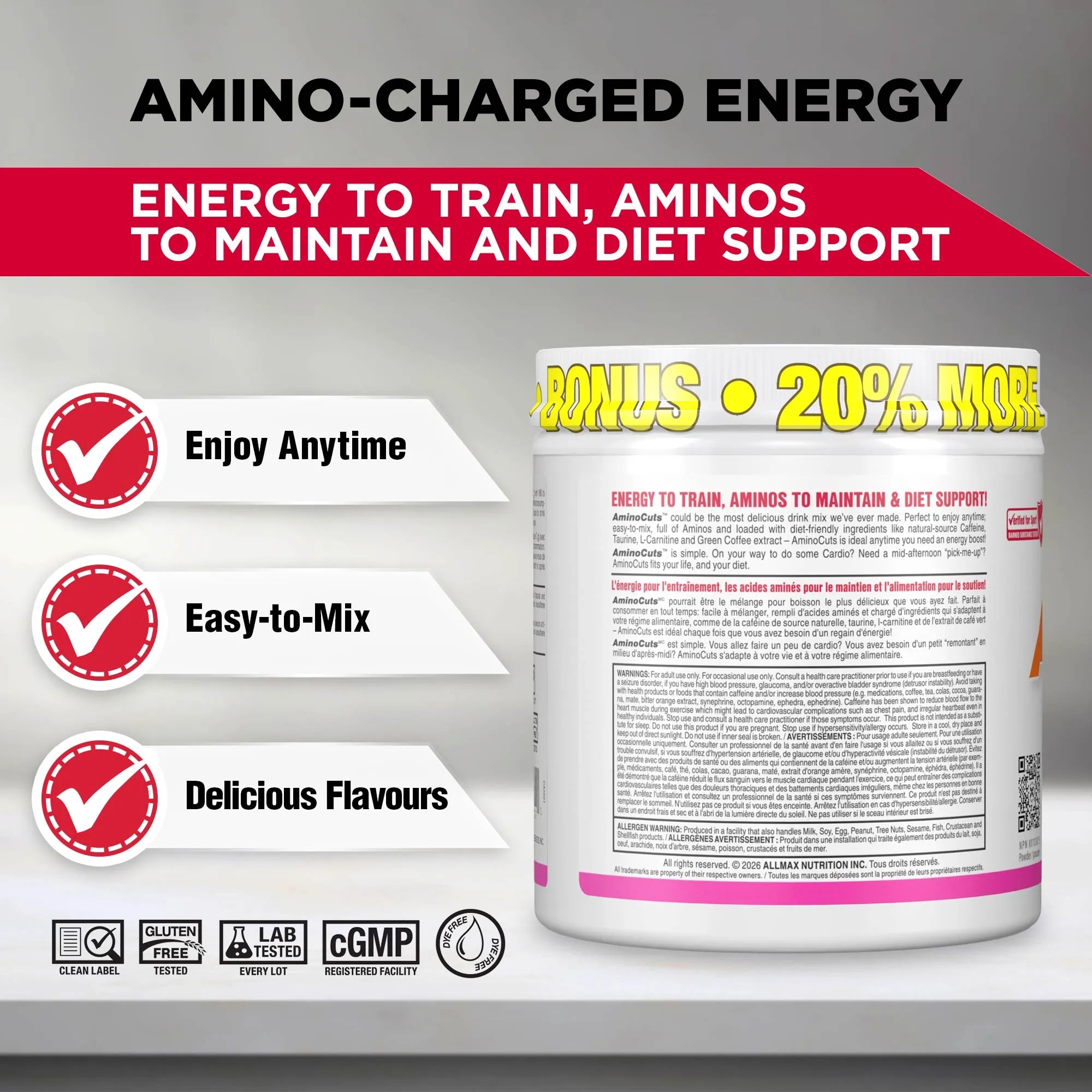 A supplement tub labeled 'Amino-Charged Energy' shown on a gray promotional background with marketing text and feature icons. The tub is white with pink and yellow accents, and the image includes claims such as 'Enjoy Anytime,' 'Easy-to-Mix,' and 'Delicious Flavors.