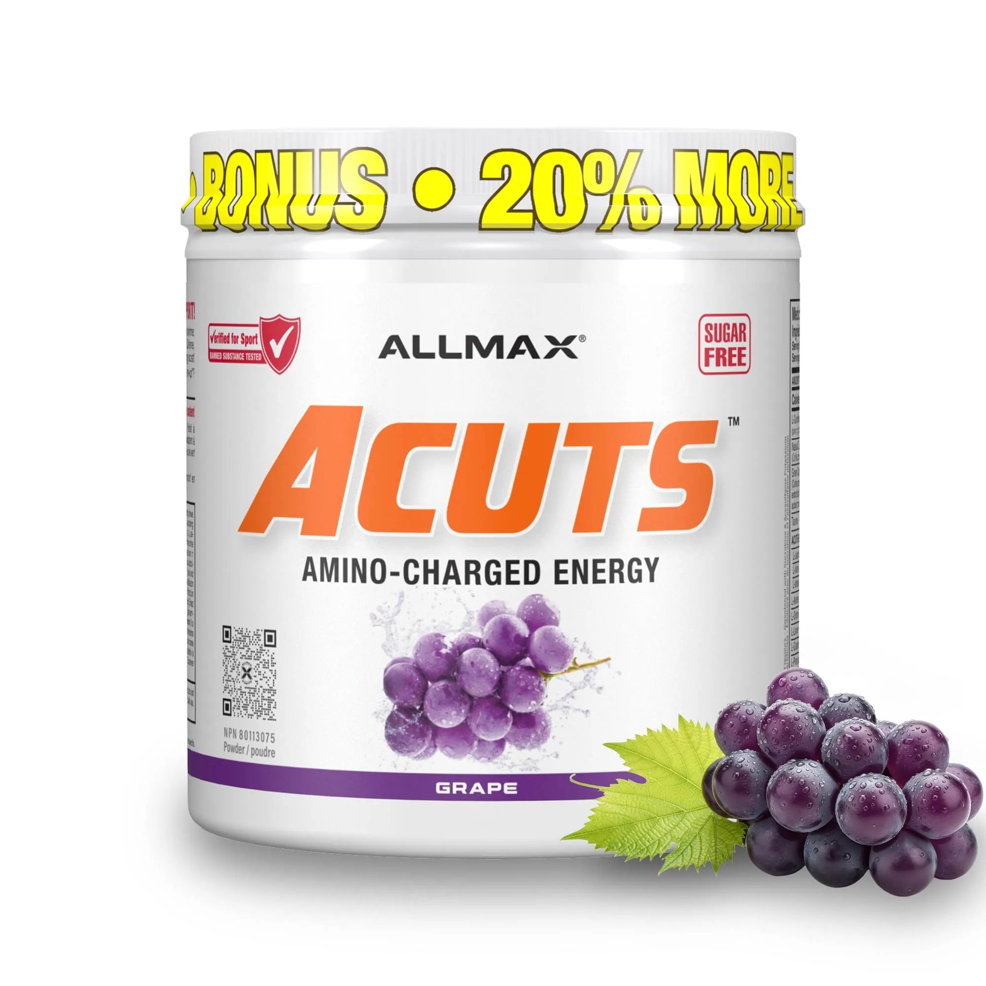 A white tub of ALLMAX Acuts Amino-Charged Energy powder in grape flavor, featuring a yellow 'BONUS 20% MORE' banner and a graphic of purple grapes on the front label, with a real grape cluster prop in the lower right corner.