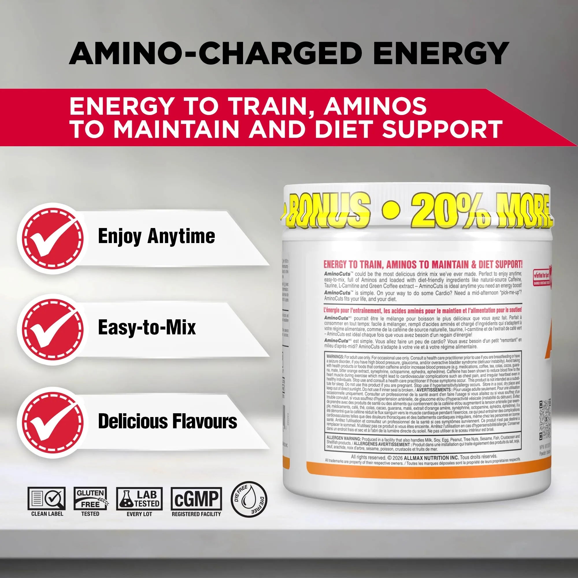 A white supplement tub labeled 'Energy to Train, Aminos to Maintain and Diet Support' shown on a gray promotional background with red and white text banners, feature icons, and a 'Bonus 20% More' callout.