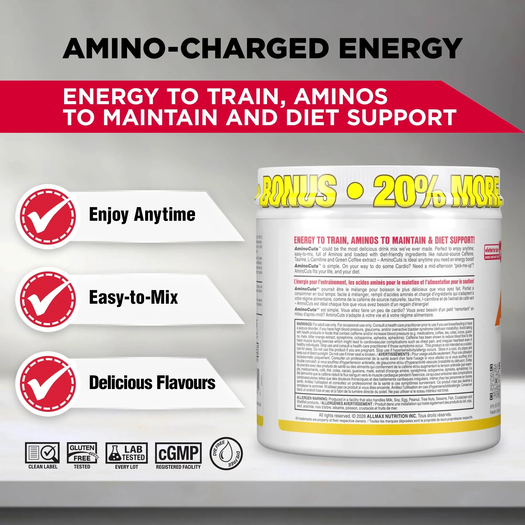 Amino-charged energy supplement bottle shown on a gray promotional background with large marketing text, feature callouts, and a 20% more bonus offer.