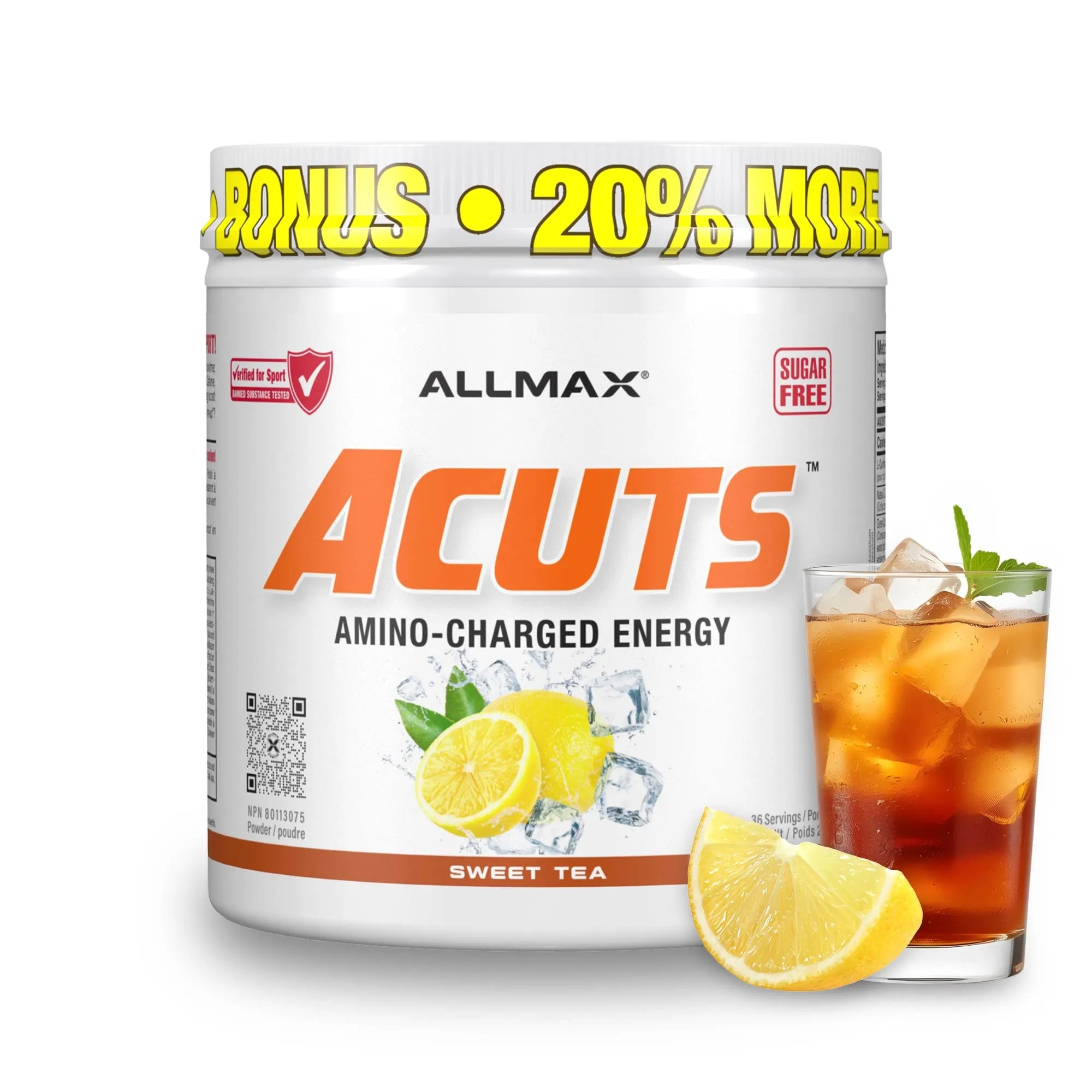 A tub of ALLMAX Acuts Amino-Charged Energy supplement in Sweet Tea flavor, shown alongside a glass of iced tea with lemon slices on a white background.