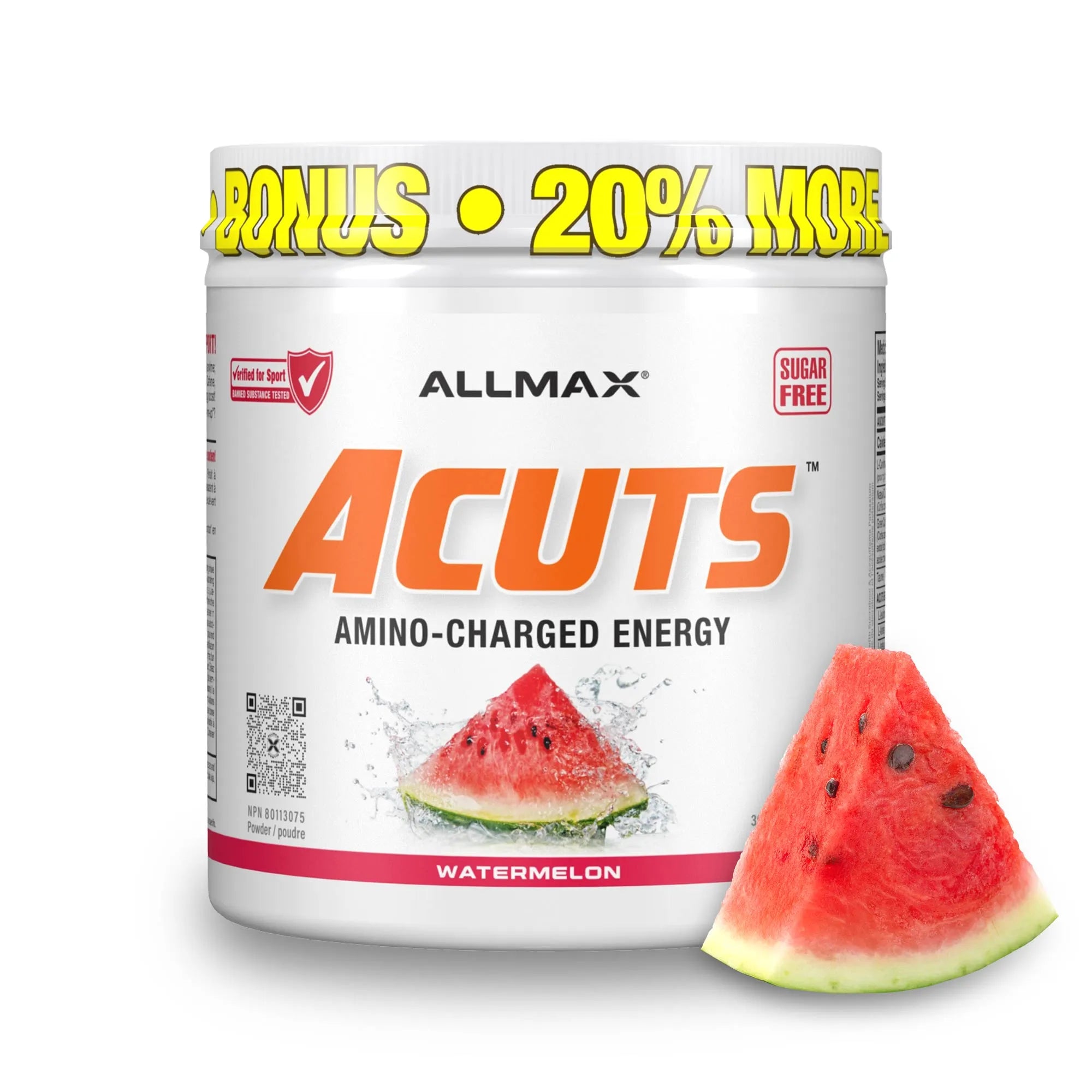 A white tub of ALLMAX Acuts Amino-Charged Energy in Watermelon flavor, shown next to a slice of watermelon on a white background.