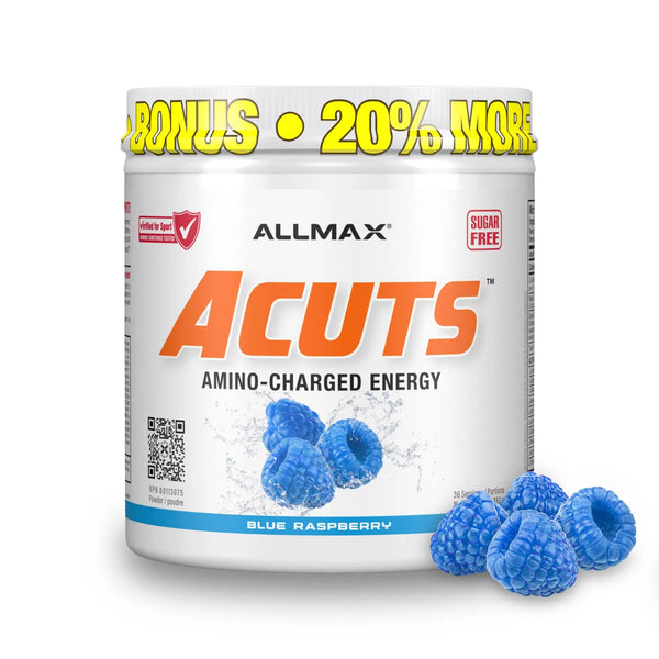 A white tub of Allmax Acuts Amino-Charged Energy powder in Blue Raspberry flavor, shown with several blue raspberries on a white background. The tub features a yellow 'BONUS 20% MORE' banner at the top.
