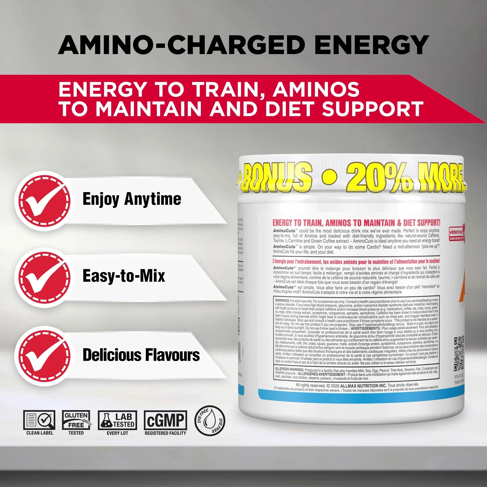 Amino-Charged Energy supplement container shown on a gray promotional background with red and white text banners, feature callouts, and certification icons. The container is white with a blue band and yellow bonus text.