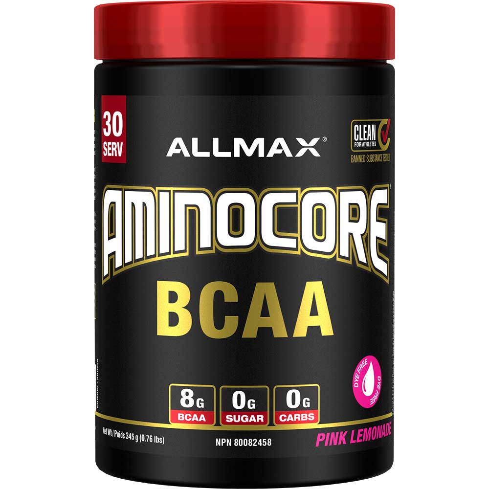 Aminocore 30 Serv by ALLMAX Nutrition in Pink Lemonade Flavour and 345g Size. 