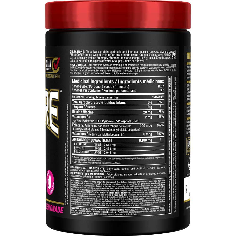 Aminocore 30 Serv by ALLMAX Nutrition in Pink Lemonade Flavour and 345g Size. SFP