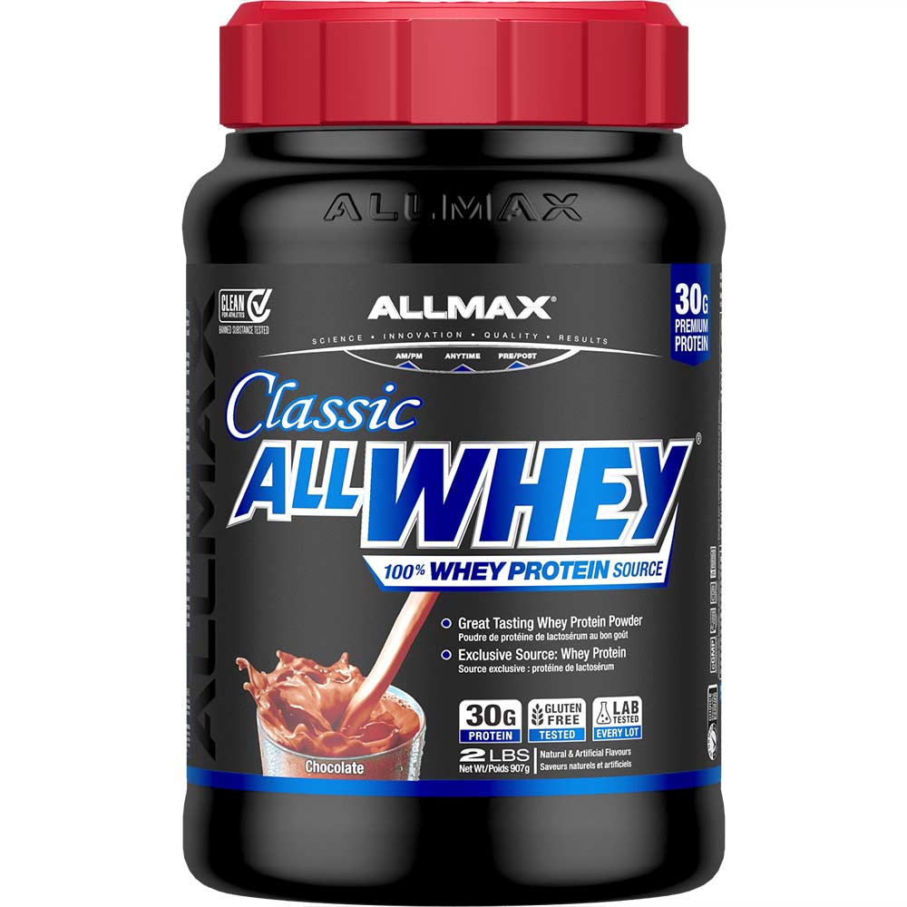 AllWhey Classic by ALLMAX Nutrition in Chocolate Flavour and 2lb Size.