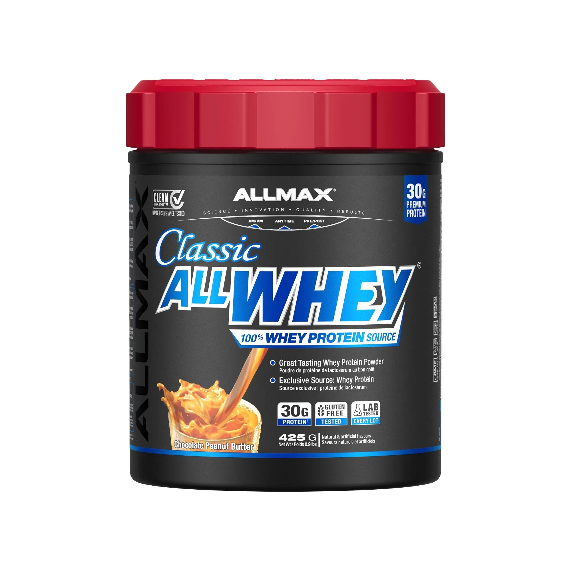 A tub of Allmax Classic All Whey protein powder in Peanut Butter flavor, featuring a black label with a bright red lid and blue and white text.